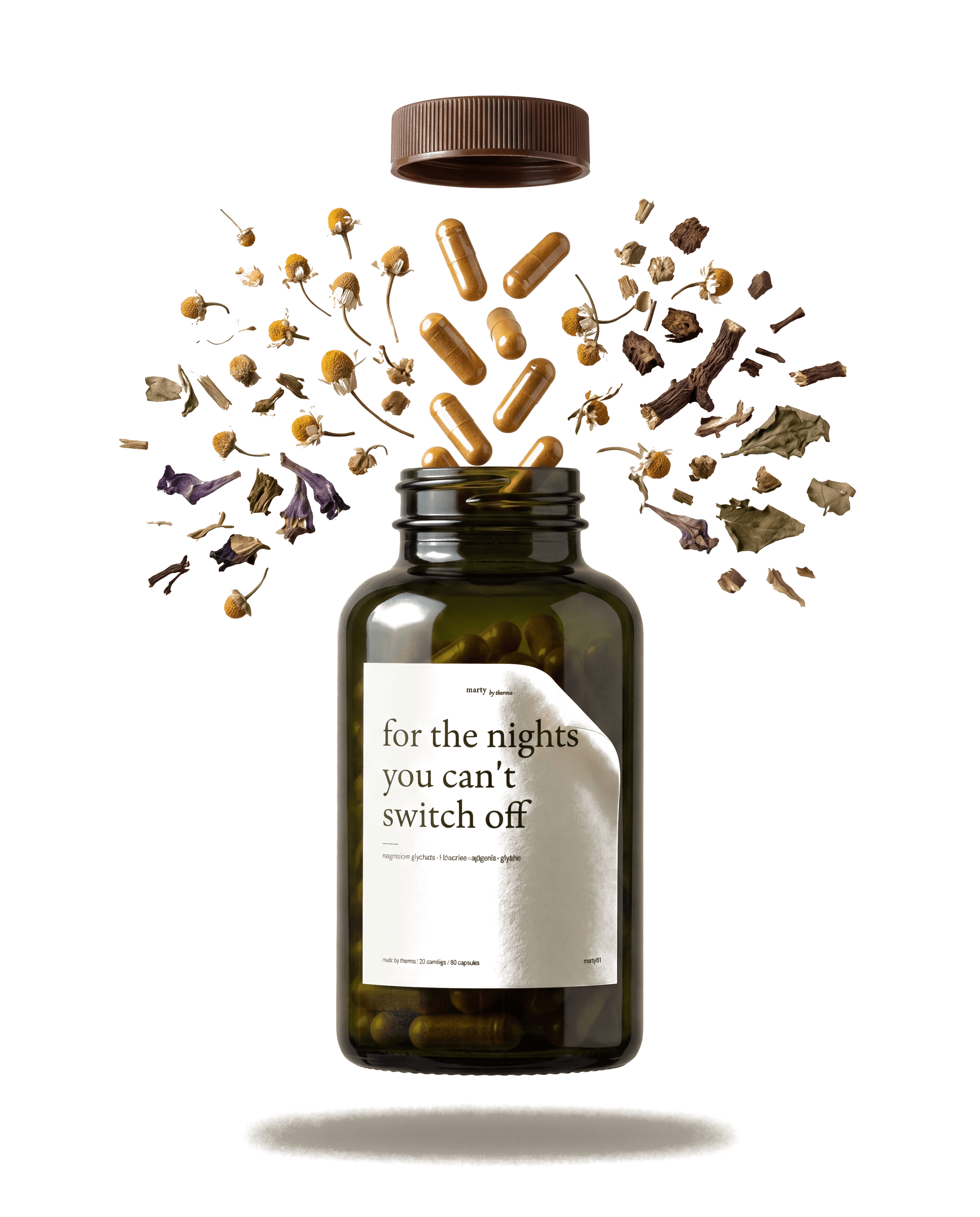 MARTY 01 bottle with capsules and botanicals